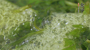 艾草葉放入煮沸的水中，加點食用堿，待變成深綠色時撈出，放入冰水中，瀝干備用。