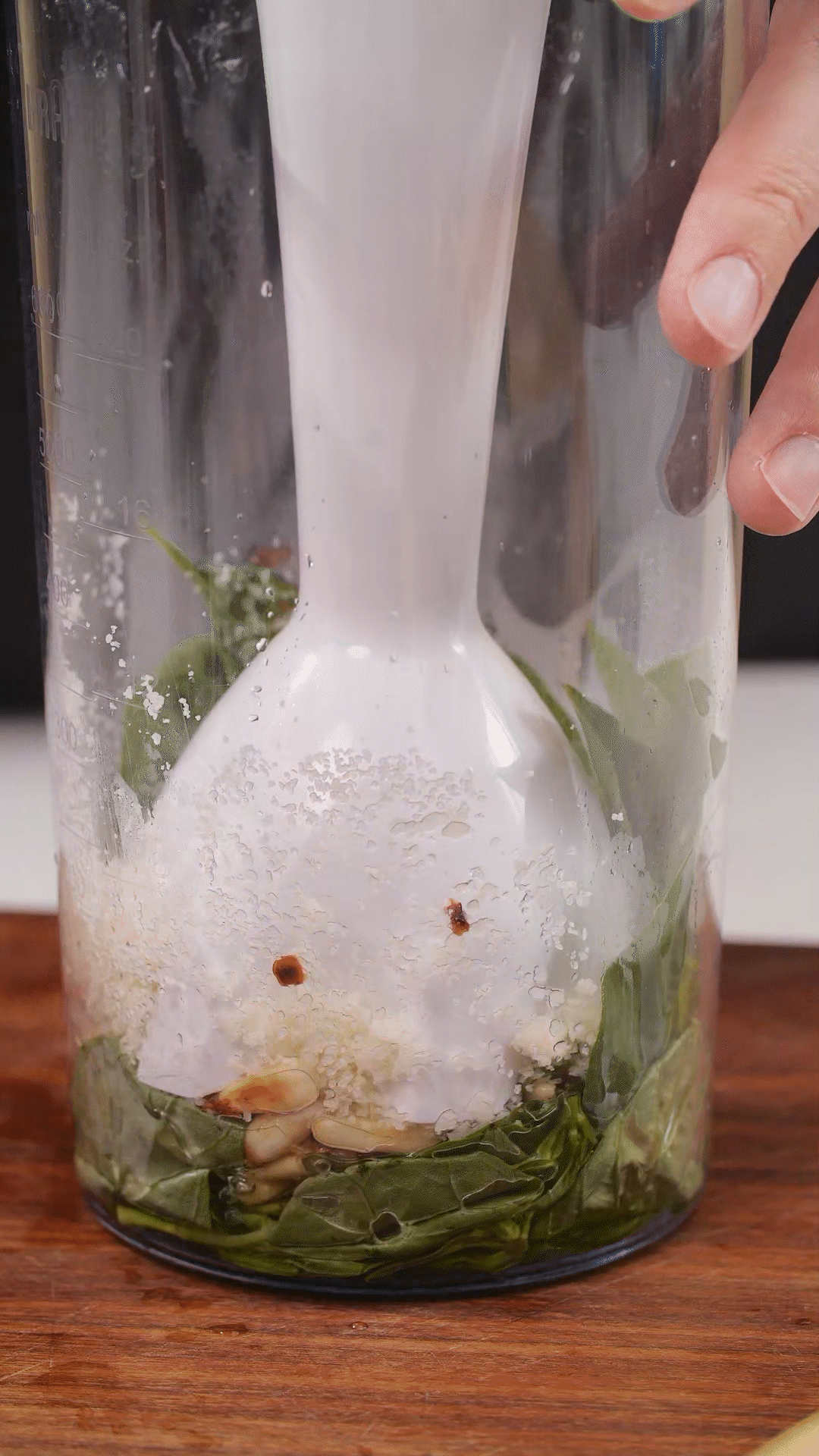 青醬制作：將羅勒去梗，只保留葉片，放入料理機
